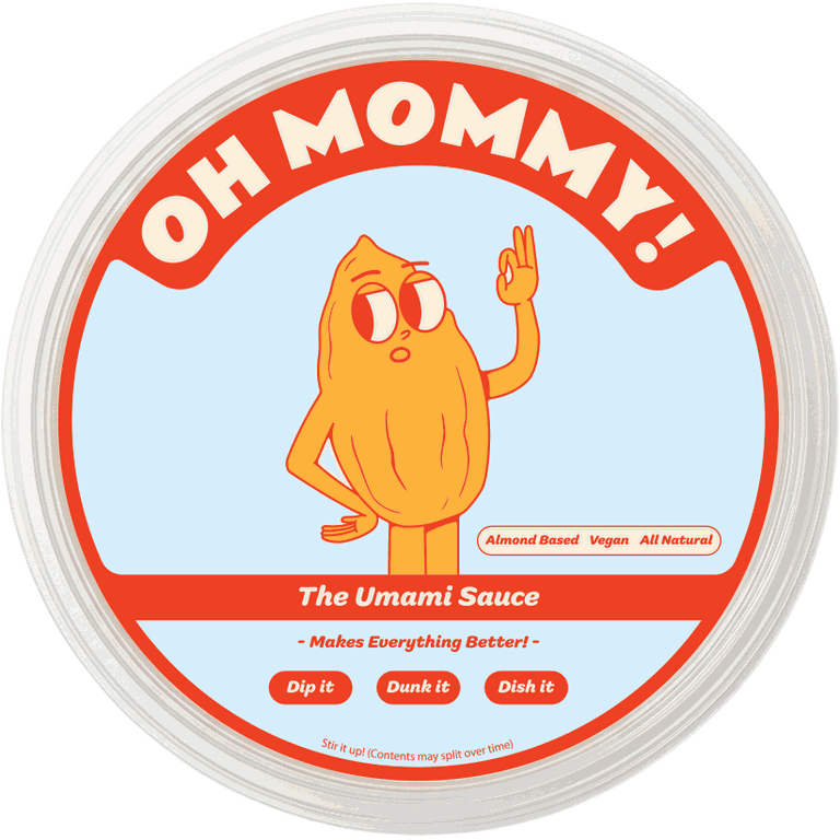 A tub of Oh Mommy! Original umami sauce, seen from above.