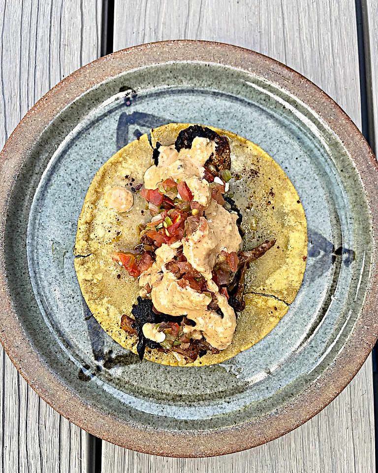 Mushroom taco with salsa and Oh Mommy! sauce.