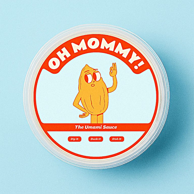 Top-down view of an Oh Mommy! tub lid on a pale blue background.