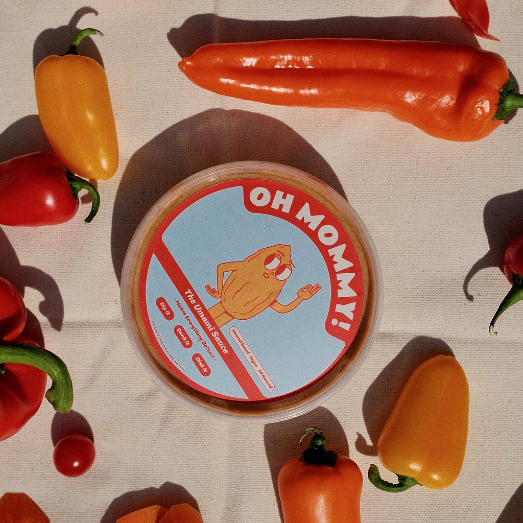 A tub of Oh Mommy! Original umami sauce.
